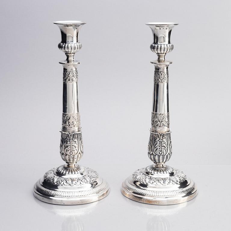 A pair of Danish 19th century silver candelabras, marks of Caspar Julius Wrom, Copenhagen 1834.