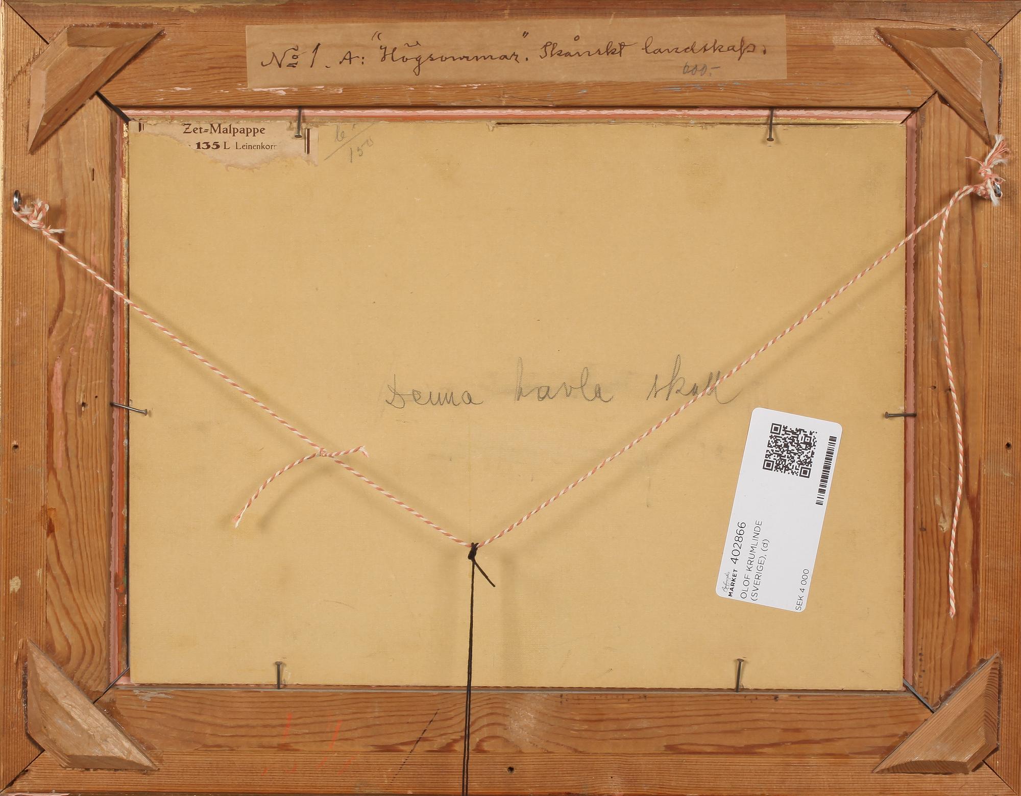 OLOF KRUMLINDE, olja på pannå, signerad.