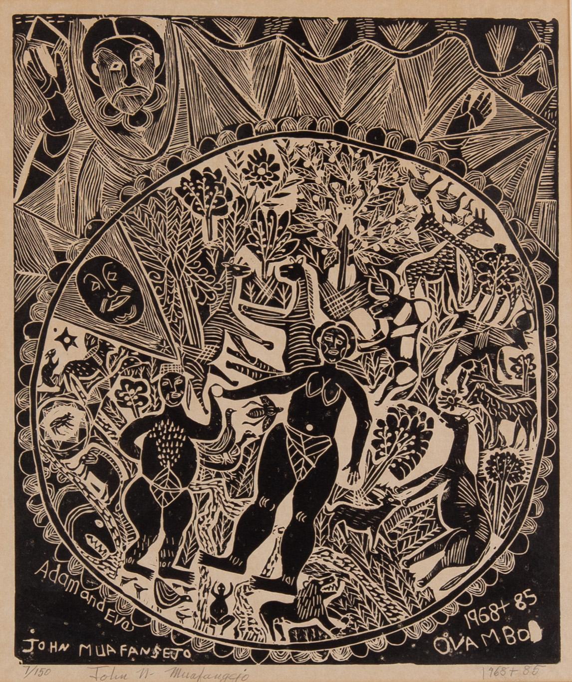 John Ndevasia Muafangejo, linolumsnitt, 1968+85, signerad 7/150.