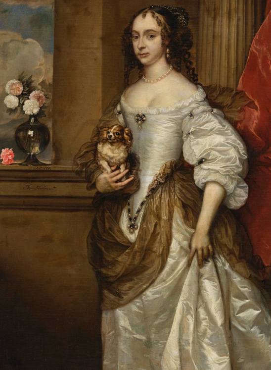 Half-length portrait of a woman with a dog (Portret van een dame) by Adriaen Hanneman