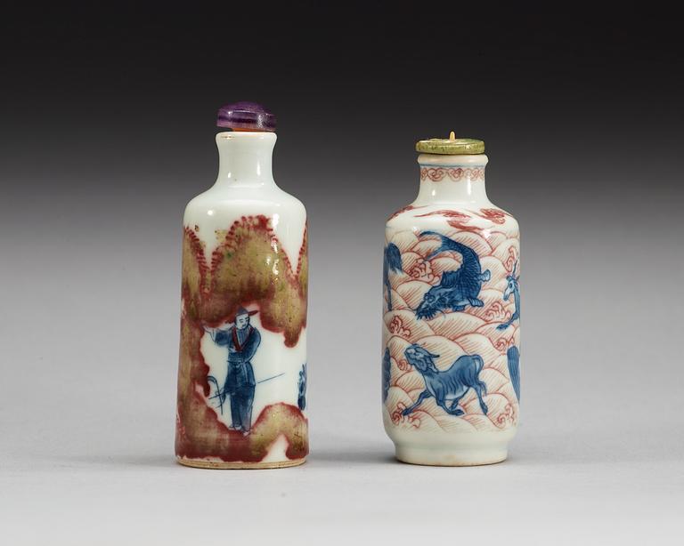Two underglaze red and blue snuff bottles, Qing dynasty.