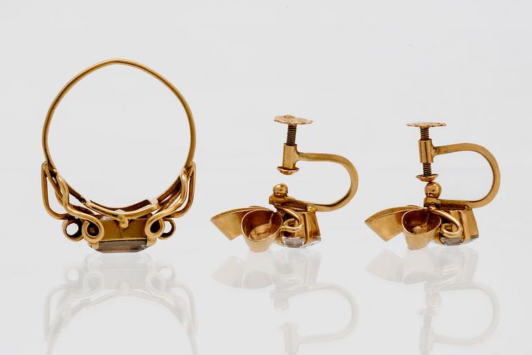 Ateljé Stigbert,ring and earrings, 18K gold and rockcrystal, Stockholm 1949.