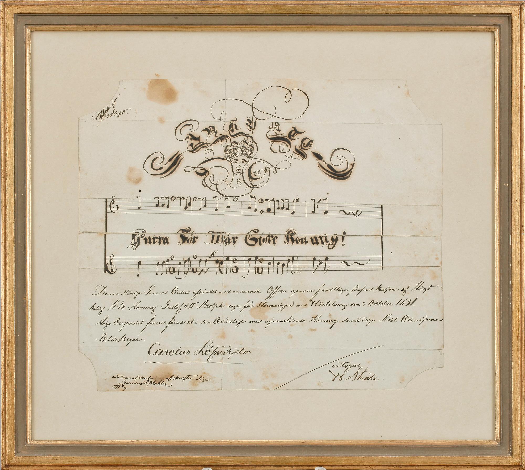 AVSKRIFT med NOTER, egenhändigt sign Carolus Löwenhielm, 1700/1800-tal.