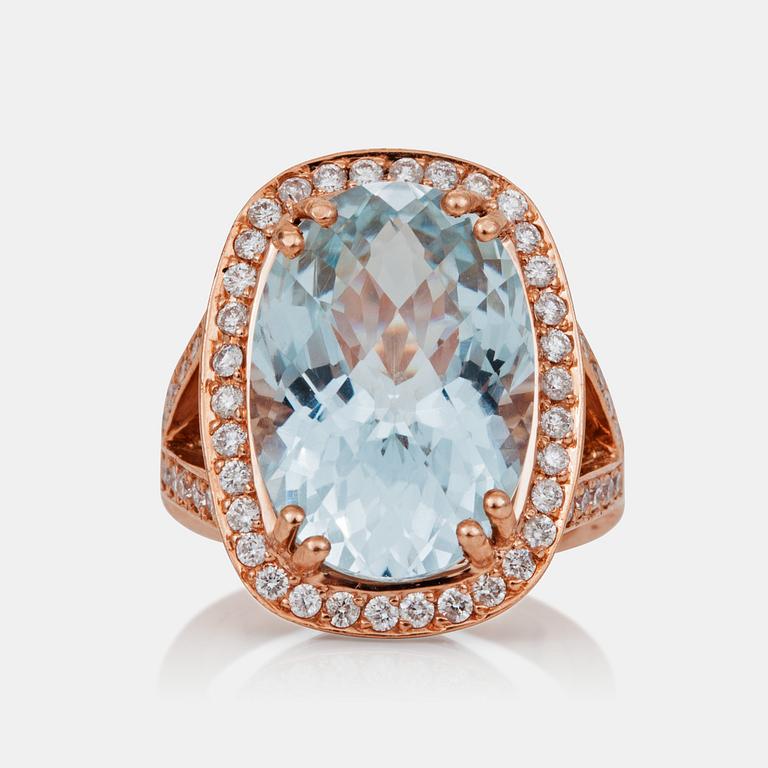 A checker-cut aquamarine, circa 13.00 ct, and brilliant-cut diamond ring.