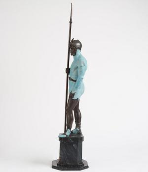 A bronze sculpture of a man in armour, late 19th century.