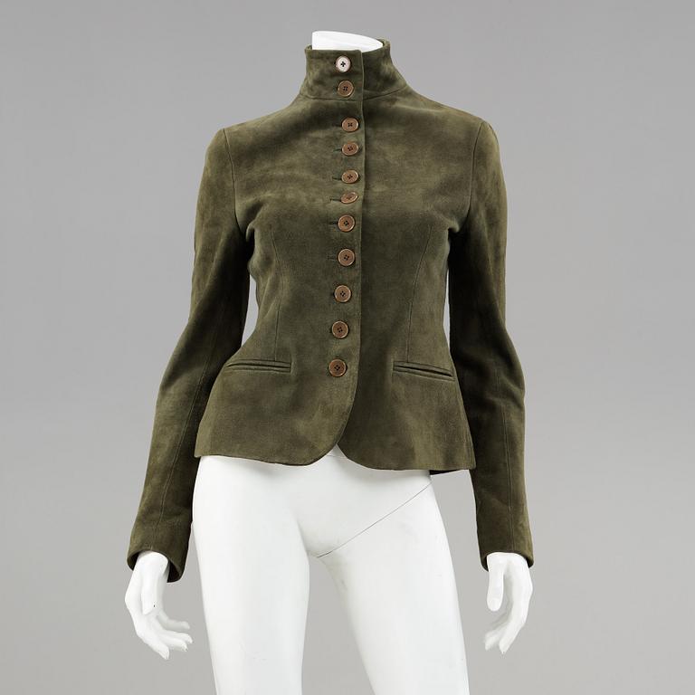 A dark green suede jacket by ralph lauren.