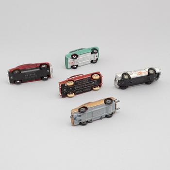 Five 1960s toy cars by Corgi and Dinky toys.
