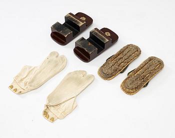 Kimono (five pieces), partially cotton, two pairs of shoes, one pair of socks, and a parasol, Japan, 20th century.