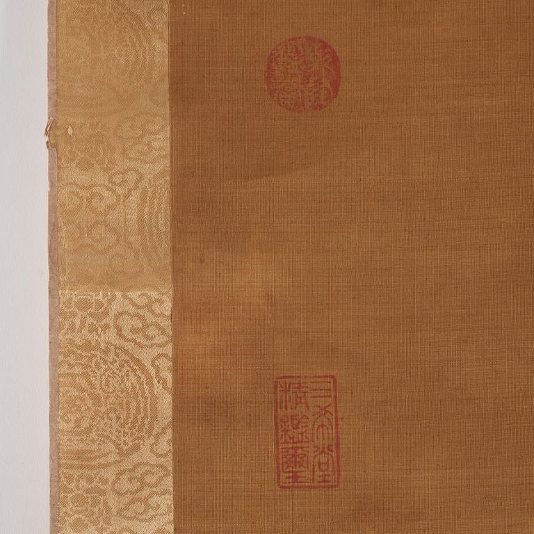 A Chinese scroll painting, ink and colour on silk laid on paper, late Qing dynasty/early 20th Century.