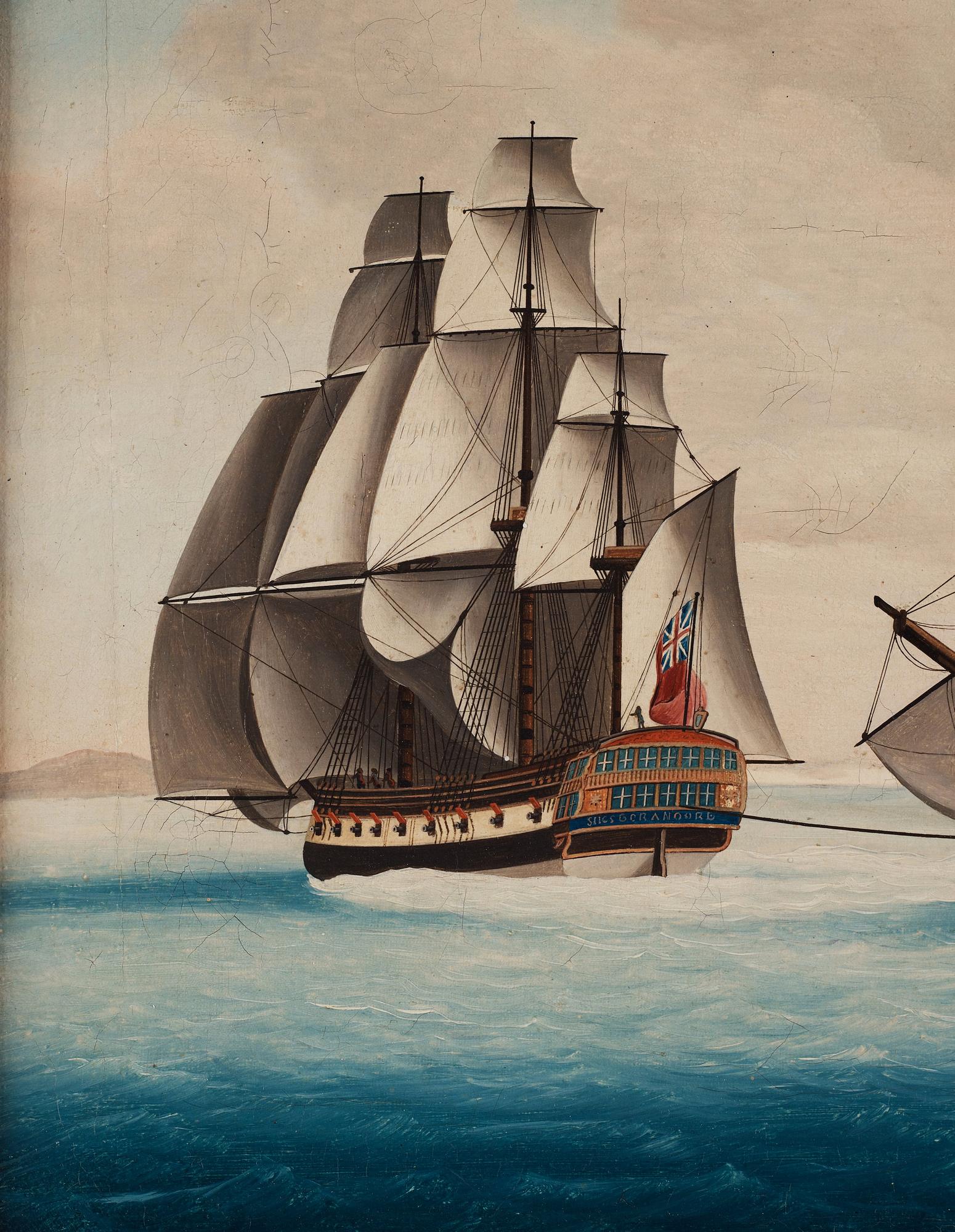 Two Chinese Export paintings of East Indiamen, Qing dynasty, circa 1800.