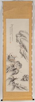 Three Japanese hanging scrolls, ink and colour on paper, signed incl. 充满唐 and dated 1920.