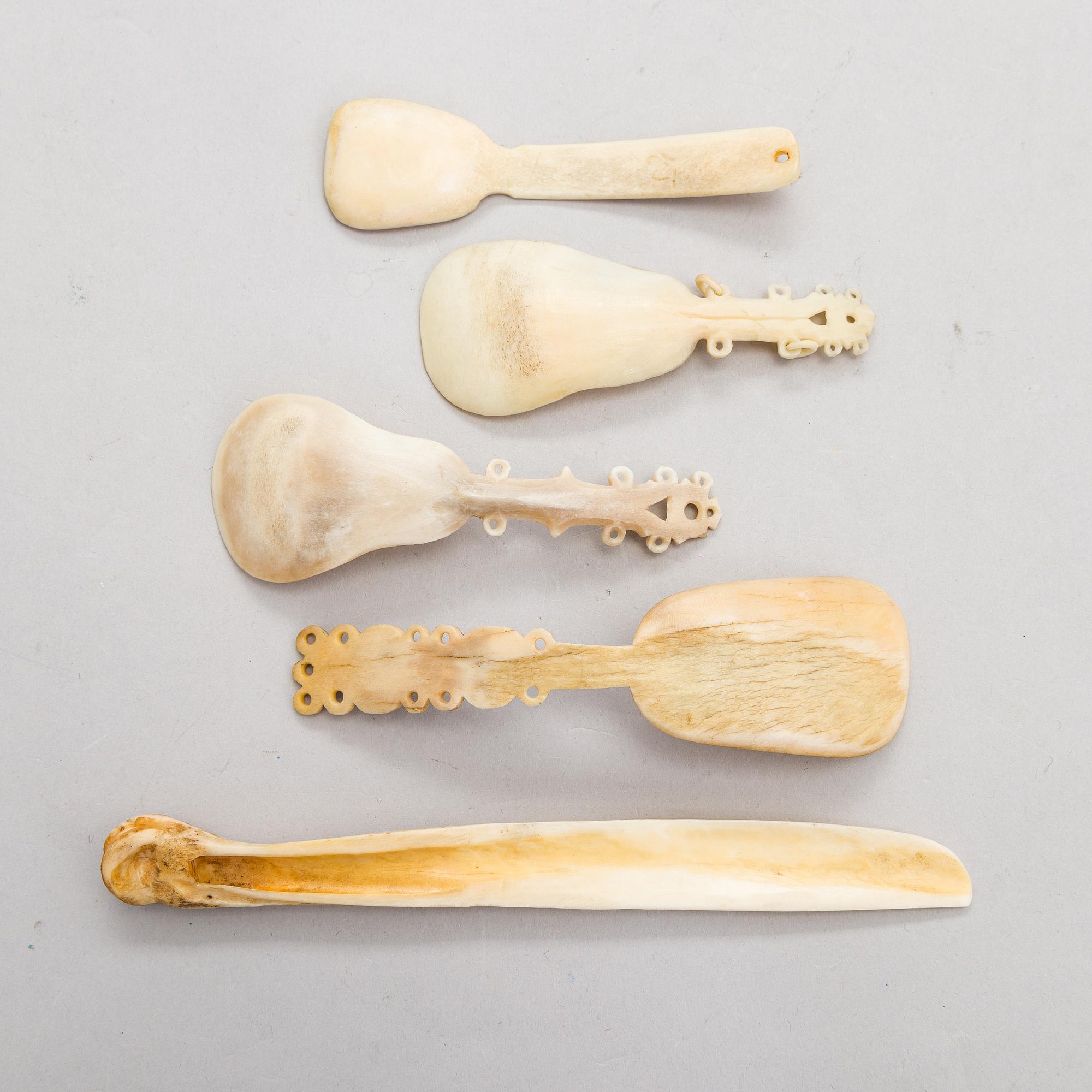 Bowl, letter knife and 4 spoons, some signed, sami handicraft / duodji, early 20th century.