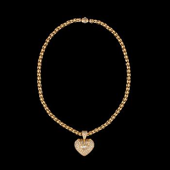 1024. COLLIER, hjärtformad hänge med hjärt- briljant- och baguetteslipade diamanter tot. ca 3.80 ct.