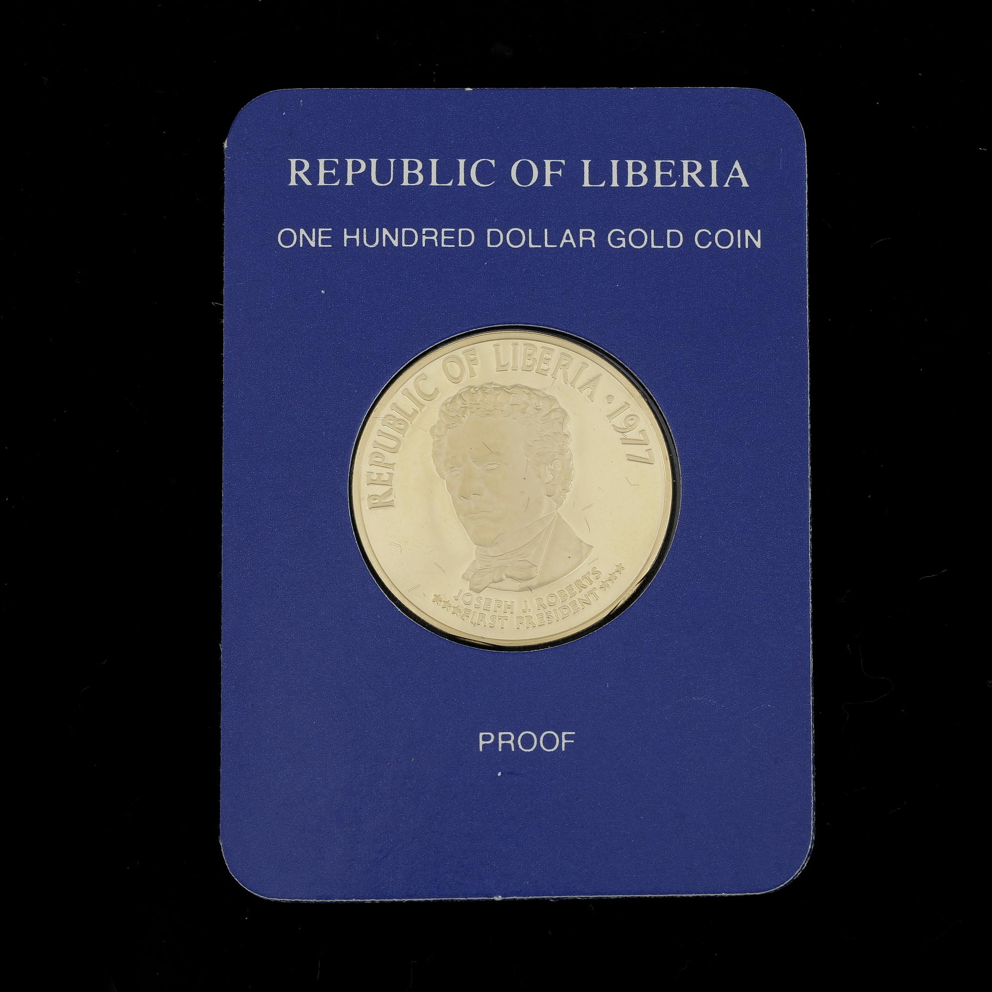 MINNESMYNT, 21,6 K guld, 100 dollar, Liberia, 1977. Vikt ca 10,9g.
