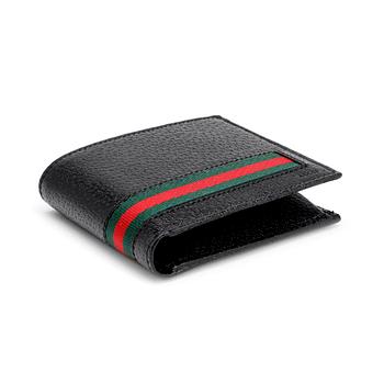 GUCCI, a black leather wallet.