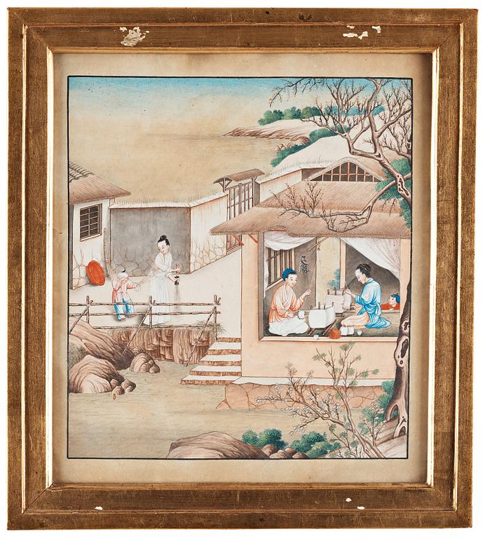 AKVARELLER, nio stycken. Okänd konstnär, Qingdynastin, 1800-tal.