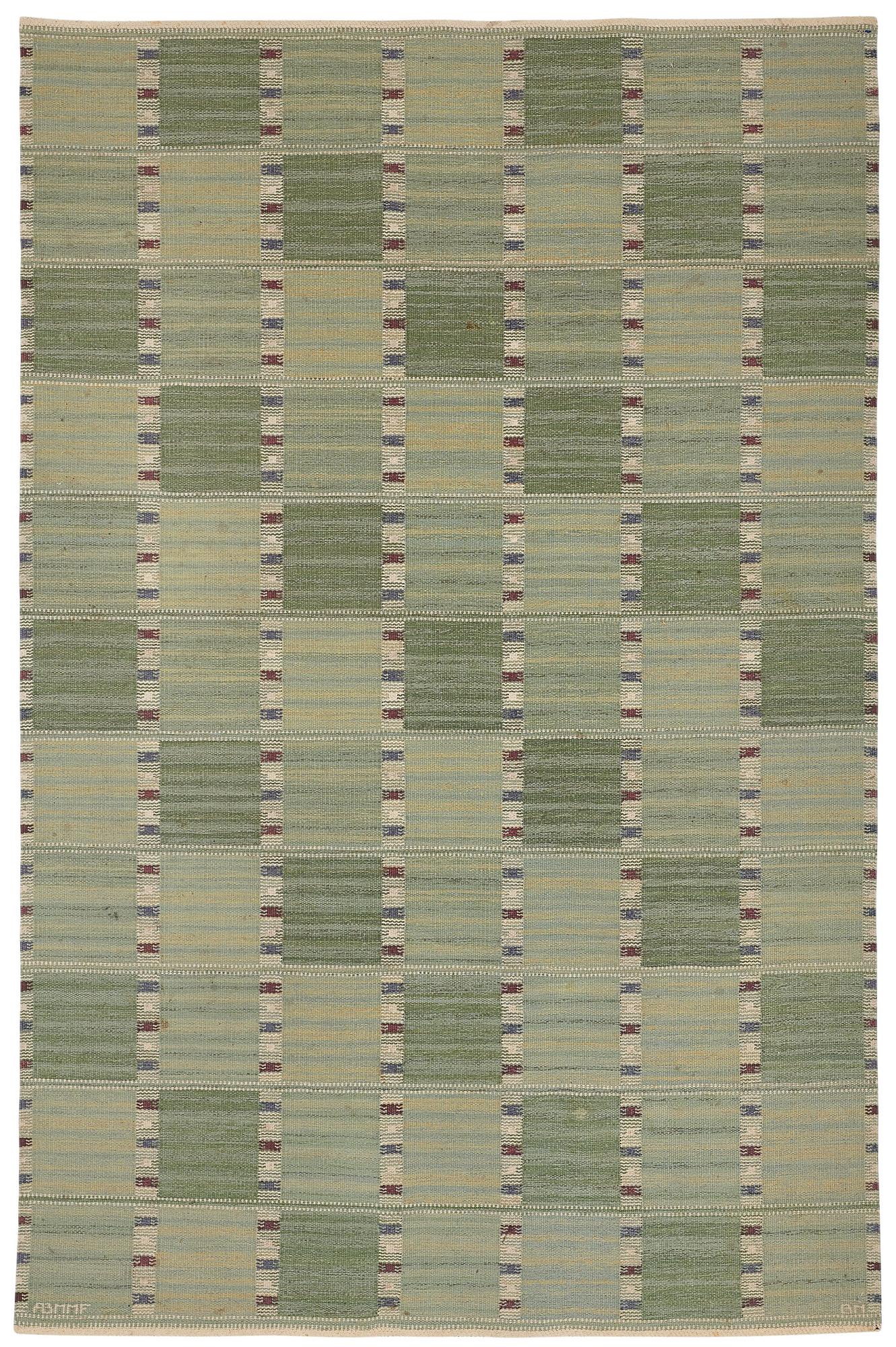 Barbro Nilsson, Matta, "Falurutan grön Fabiola", rölakan, ca 307,5 x 200,5-202,5 cm, signerad AB MMF BN.
