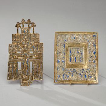 IKONKORS samt IKON, mässing och emalj, Ryssland 1800-tal.