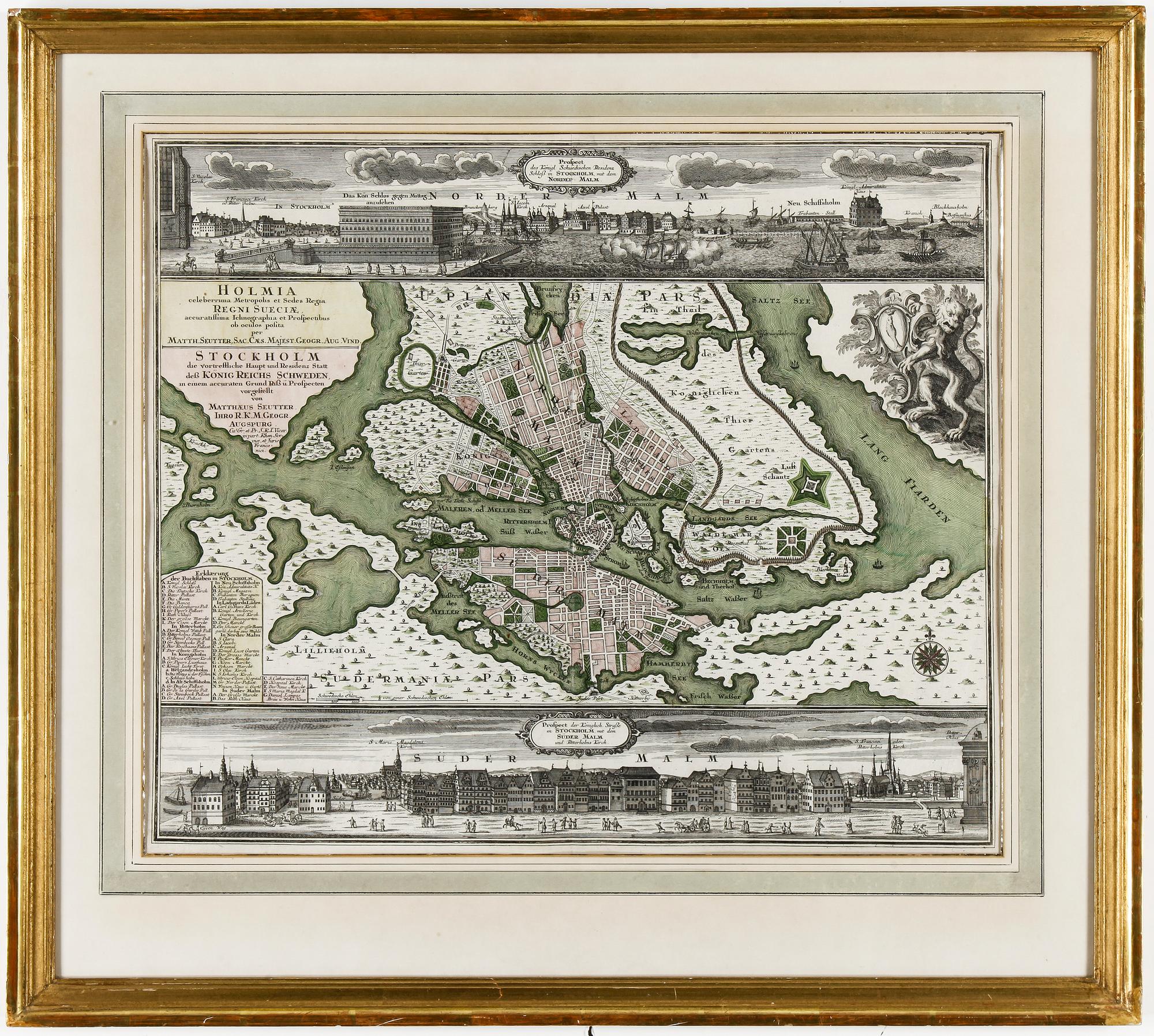 KARTA, handkolorerad, "Holmia", graverad av Matthaeus Seutter, omkring 1700-talets mitt.