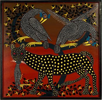 Abdallahaman Hassani, style of Tingatinga painting, Leopard and birds.