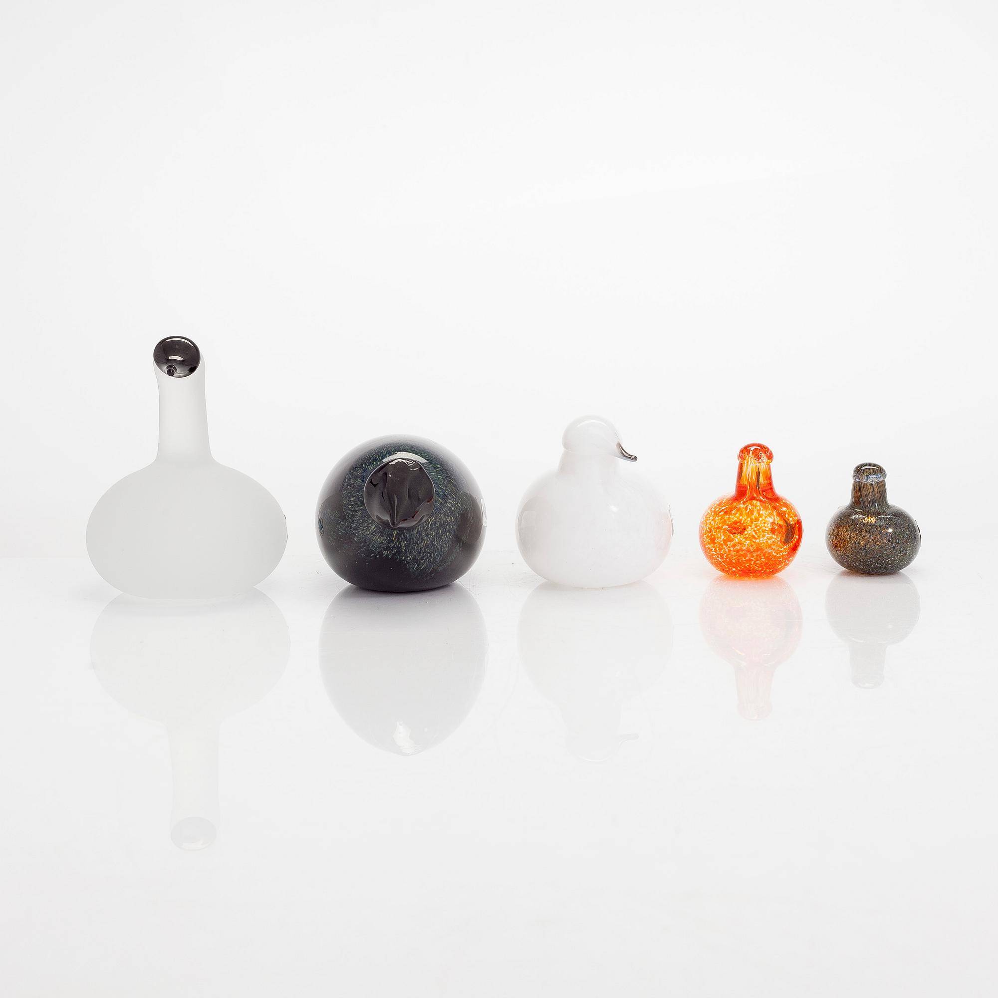 Oiva Toikka, glasfåglar, 5 st, signerad O. Toikka Nuutajärvi Notsjö.