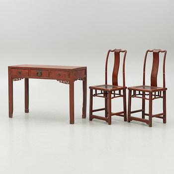 A Chinese desks and two 'Yoke-back' chairs, 20th Century.