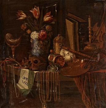 873. Johann Georg Hinz Hans krets, Vanitas med dödskalle, blommor, smycken samt attribut för konst och musik.