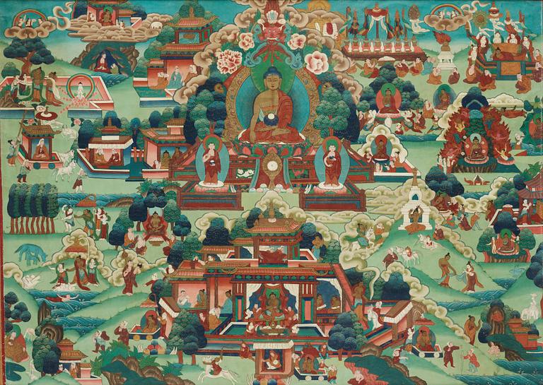 THANGKA, föreställnade Buddhas liv, Tibet/Nepal, 1900-tal.