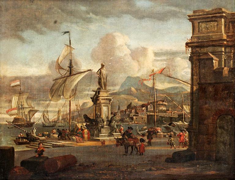 Abraham Storck Circle of, Scene at the harbour with oriental merchants.