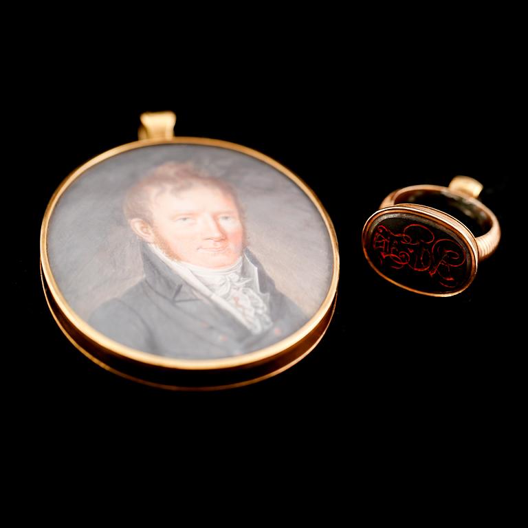 MINIATYR SAMT PETSCHAFT, 18 k guld, 1800-tal.