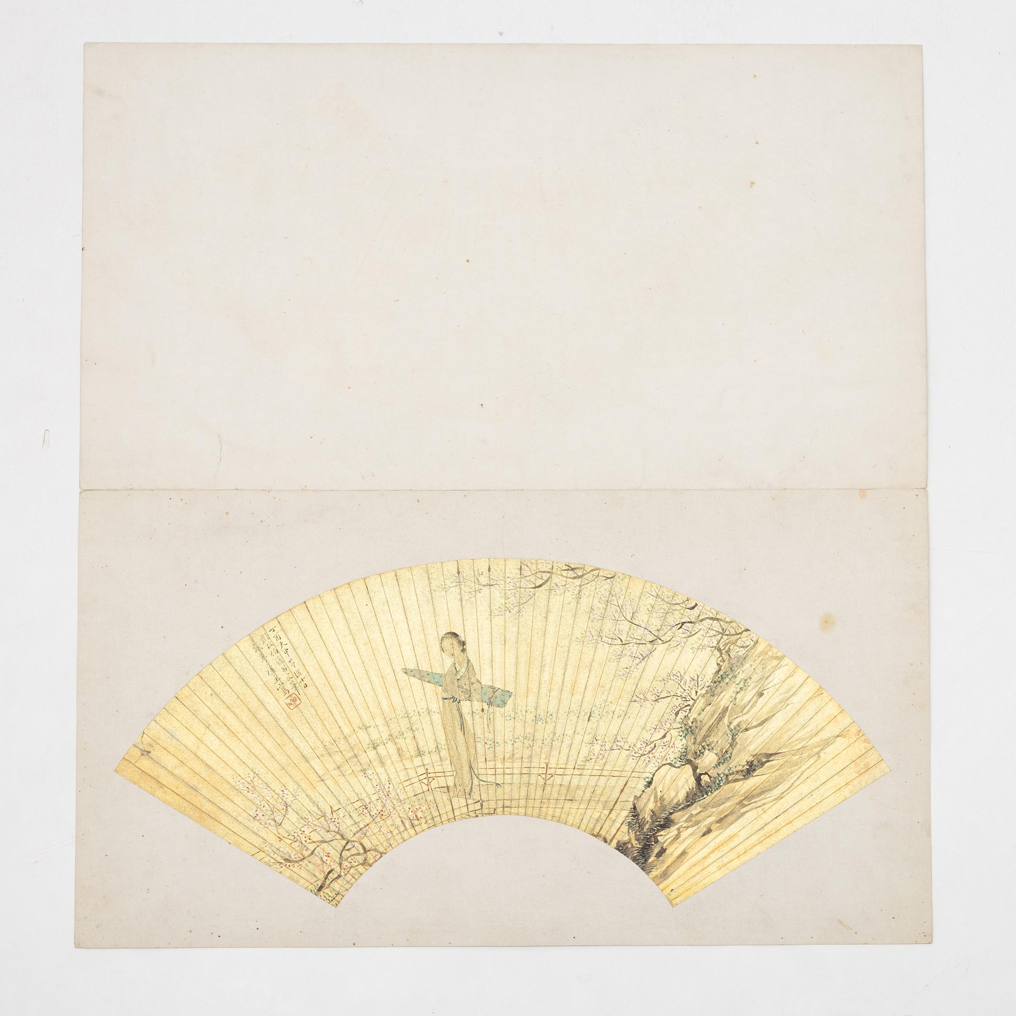 Oidentifierad konstnär, s.k. "Solfjädersmålning", Elegant dam i trädgård, Kina, 1900-tal.