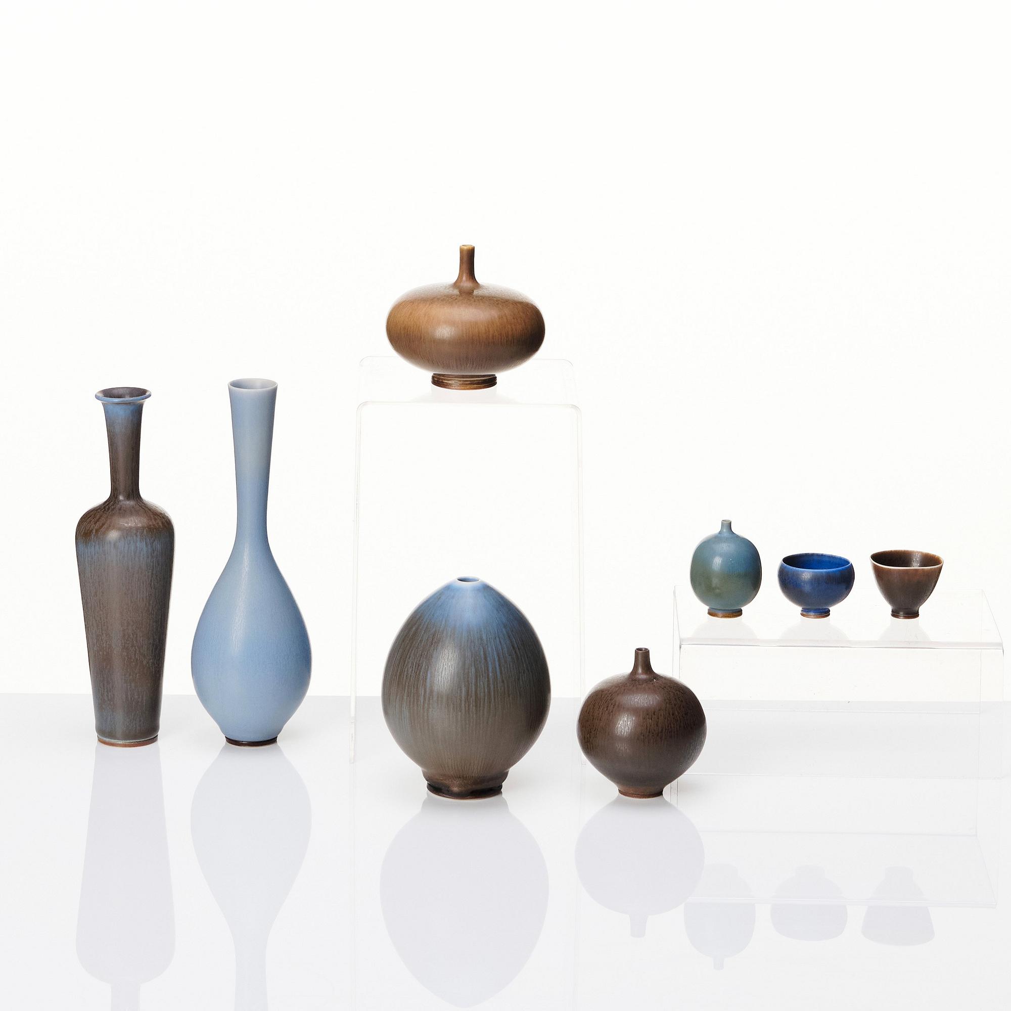 Berndt Friberg, miniatyrer, 6 vaser och 2 skålar, Gustavsbergs studio 1957-75.