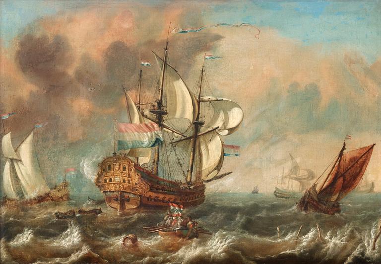 Abraham Storck Circle of, Marine with Dutch flagged vessels.