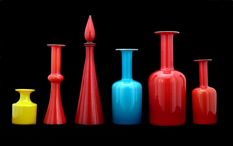 PARTI GLAS, 6 delar, mest Holmegaard. 1900-talets mitt.