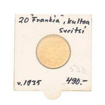 Guldmynt, Schweiz, 20 Franc, 1935,