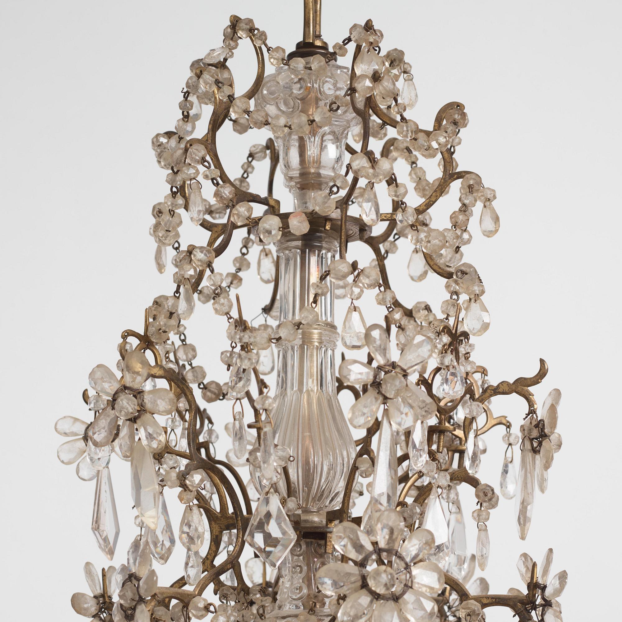 A presumably Italian Baroque and Baroque-style rock crystal and cut-glass six-branch chandelier, 18th century and later.