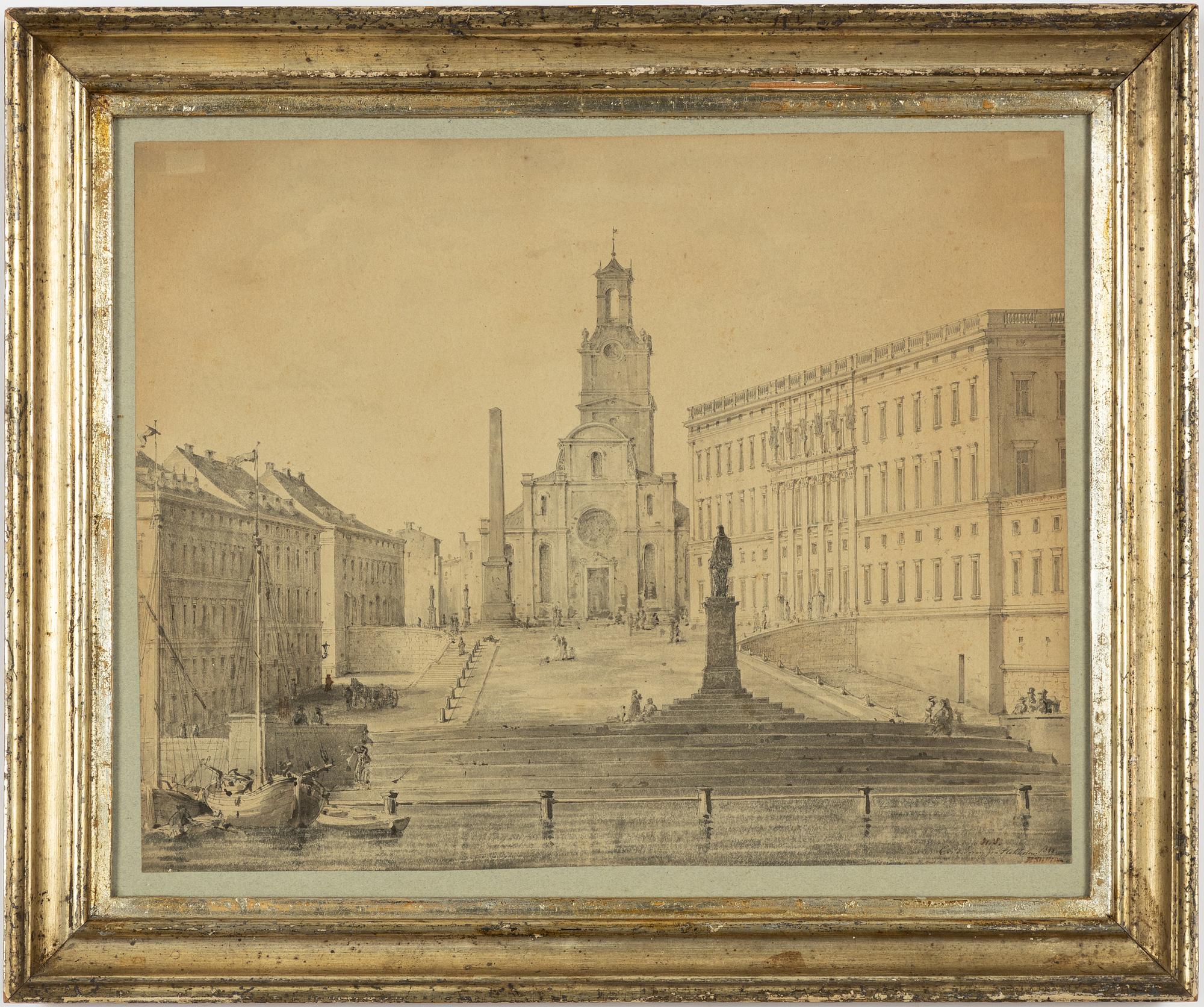 Unknown artist, Slottsbacken with Storkyrkan in the background.