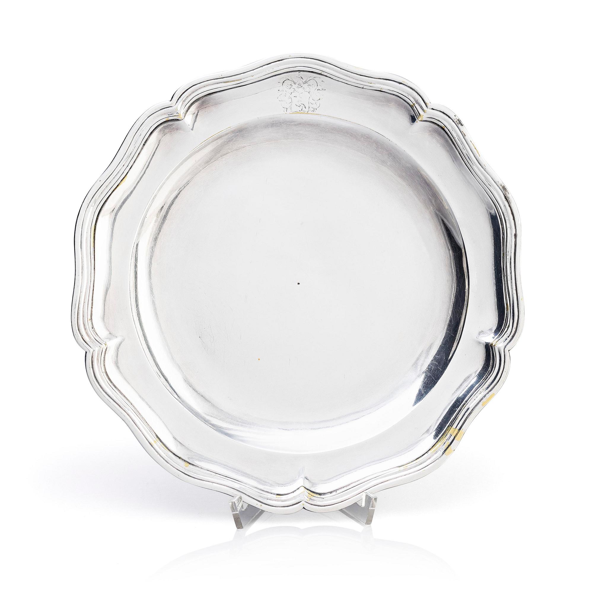 Plate, with the Grillsk coat of arms, argent haché, Rococo, second half of the 18th century, possibly Sweden.