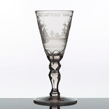 A Dutch cut and engraved wine glass, 18th Century.