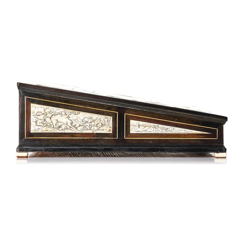 A Neopolitan ebony, rosewood and engraved ivory writing box from the circle of Iacopo Fiamengo, first part 17th century.