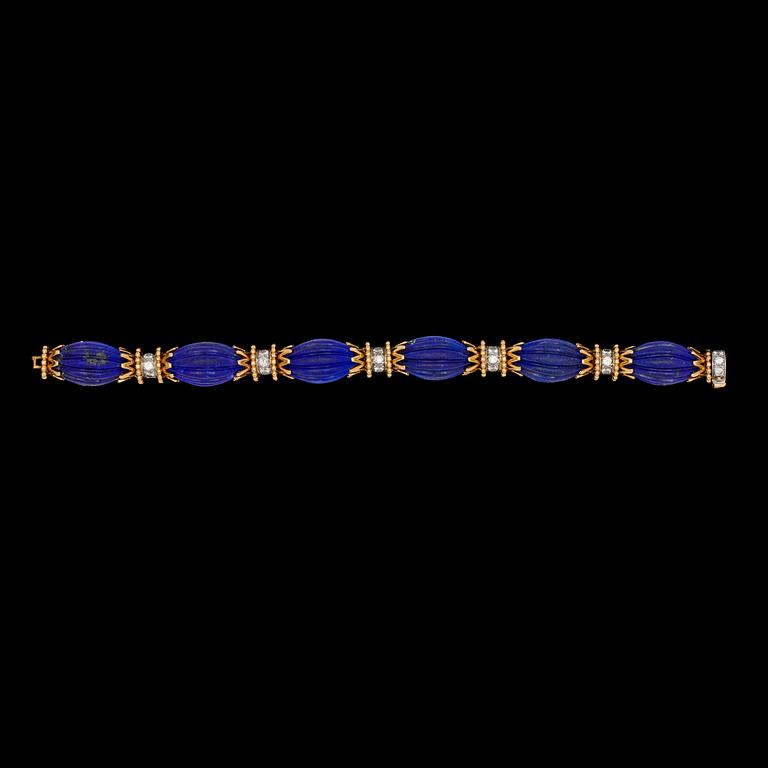 A Van Cleef & Arpels gold, lapis lazuli and brilliant cut diamond bracelet, tot. app. 1.50 cts. 1960's.