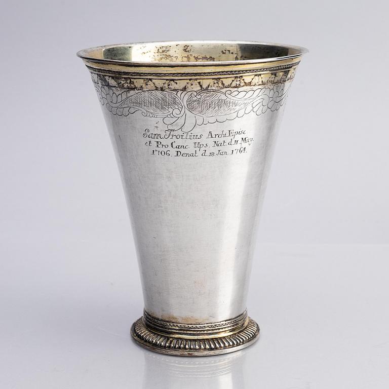 A Swedish 18th century parcel-gilt silver beaker, mark of Carl Lemon the elder, Uppsala 1740.