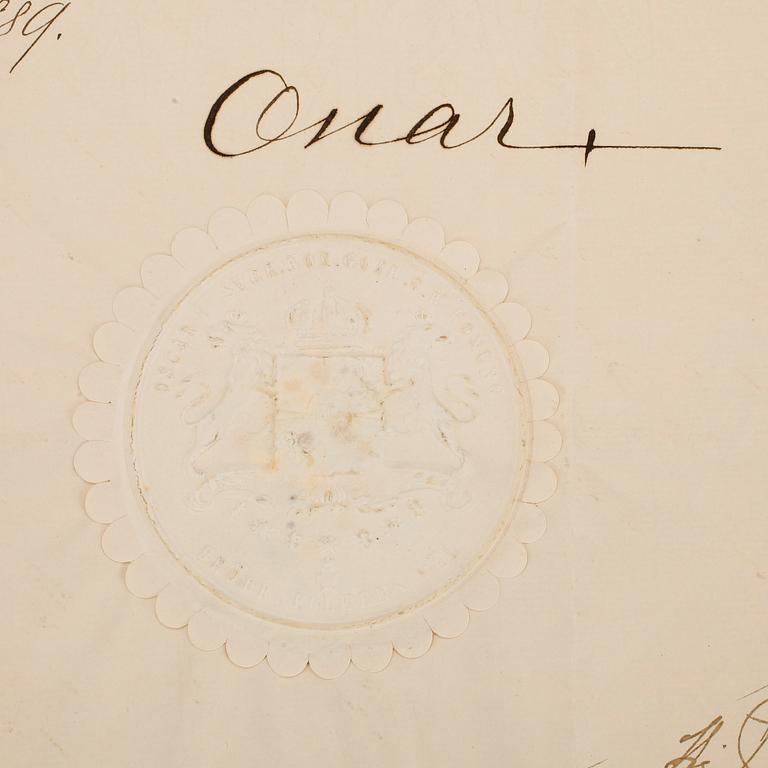 KARL XV SAMT OSCAR II, 2 dokument med egenhändiga namnteckningar, dat Stockholms slott 1864 resp Marstrand 1889.