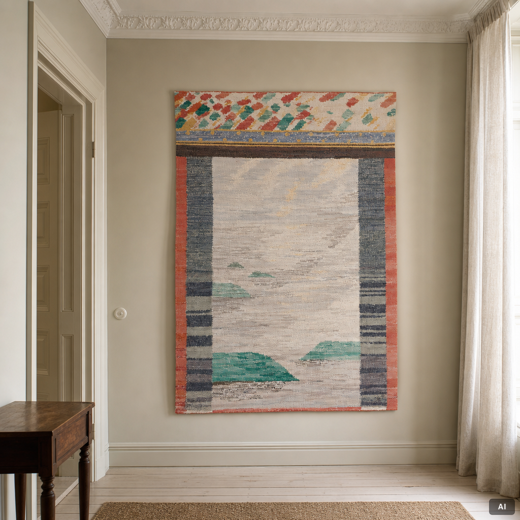 Susanne Henriques, vävnad, trasteknik, signerad SH -90, ca 163 x 118 cm.