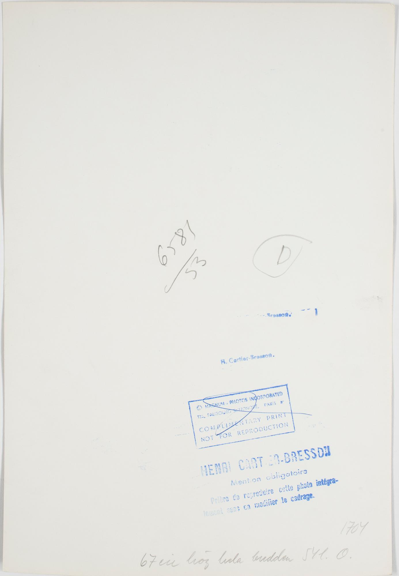 HENRI CARTIER-BRESSON, gelatin silver print stamped by the photographer and by Magnum Photos Incorporated on verso.