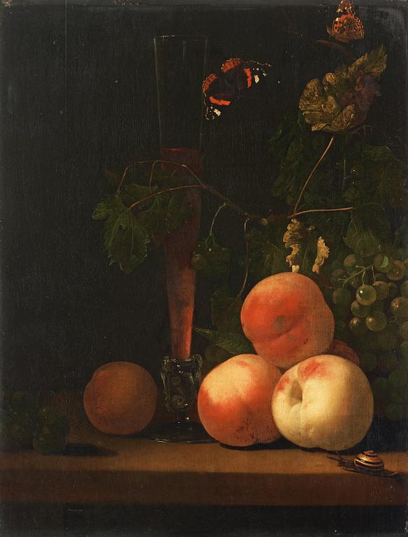 Abraham Pietersz. van Calraet, Still life with glass, peaches, butterflies and a snail.