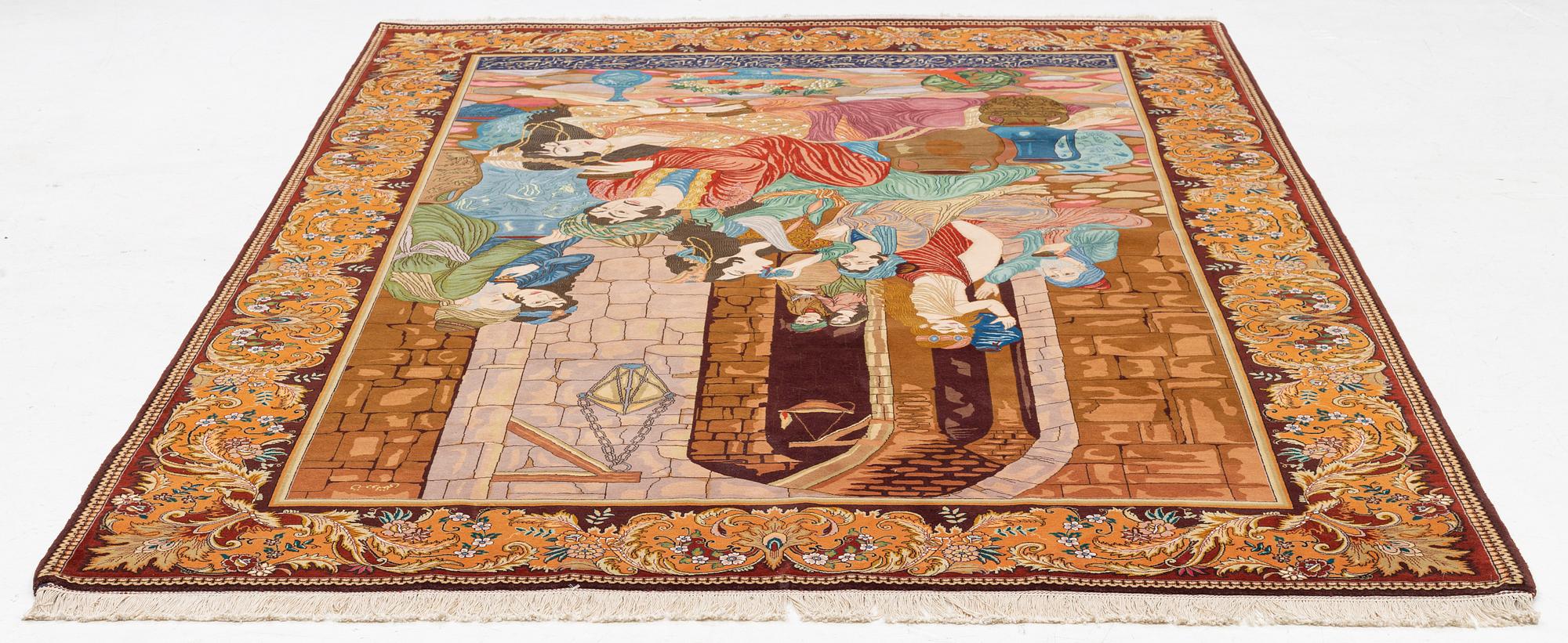 Rug, Tabriz, figural, signed, approx. 285 x 196 cm.
