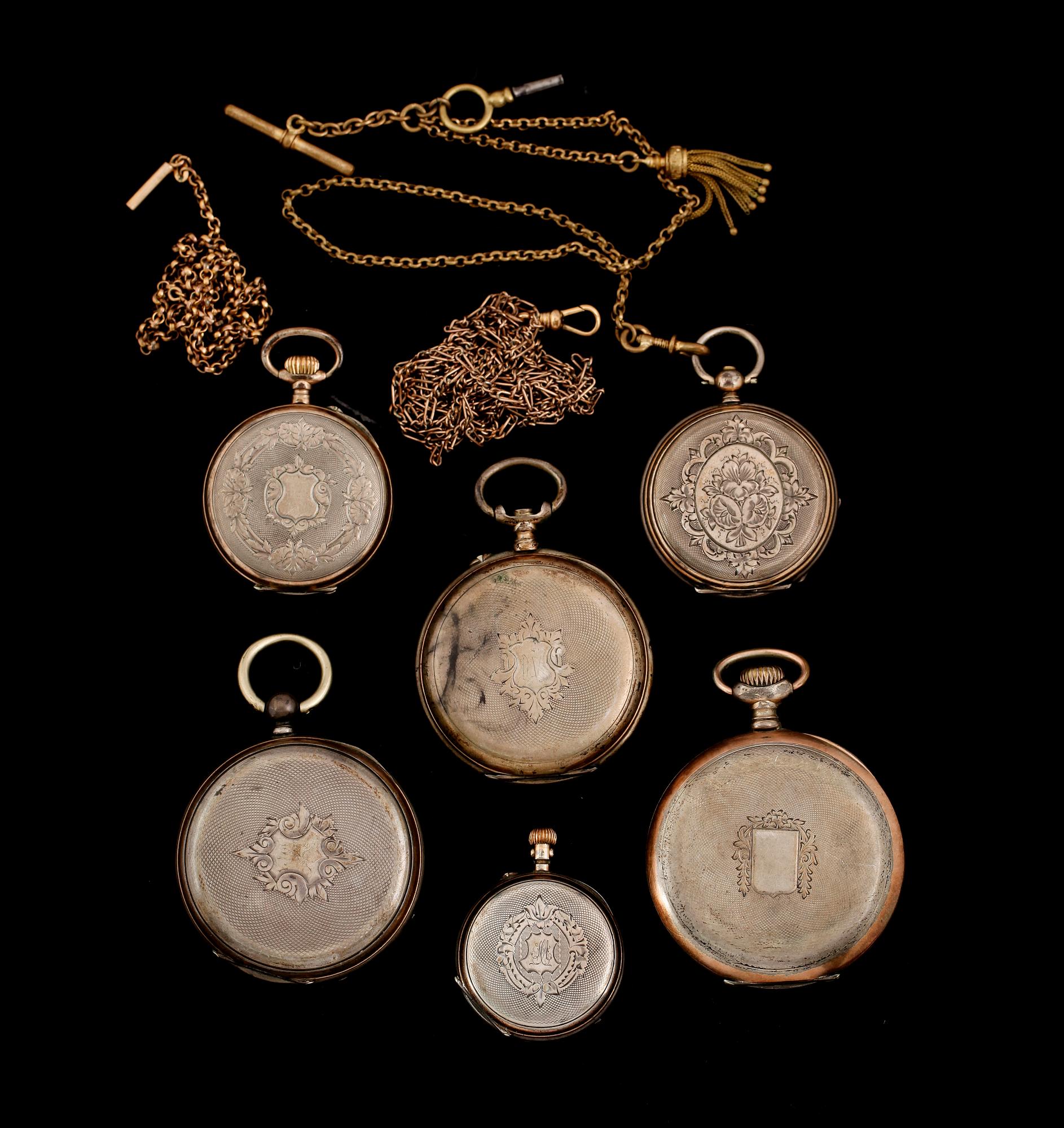 FICKUR, 6 st, silver, omkring år 1900.