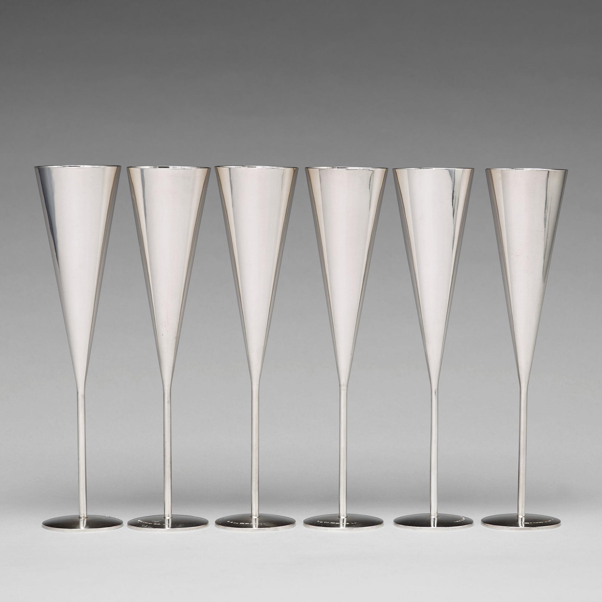 Eduard Gaudy, six sterling silver champagne flutes, Stockholm 1989.