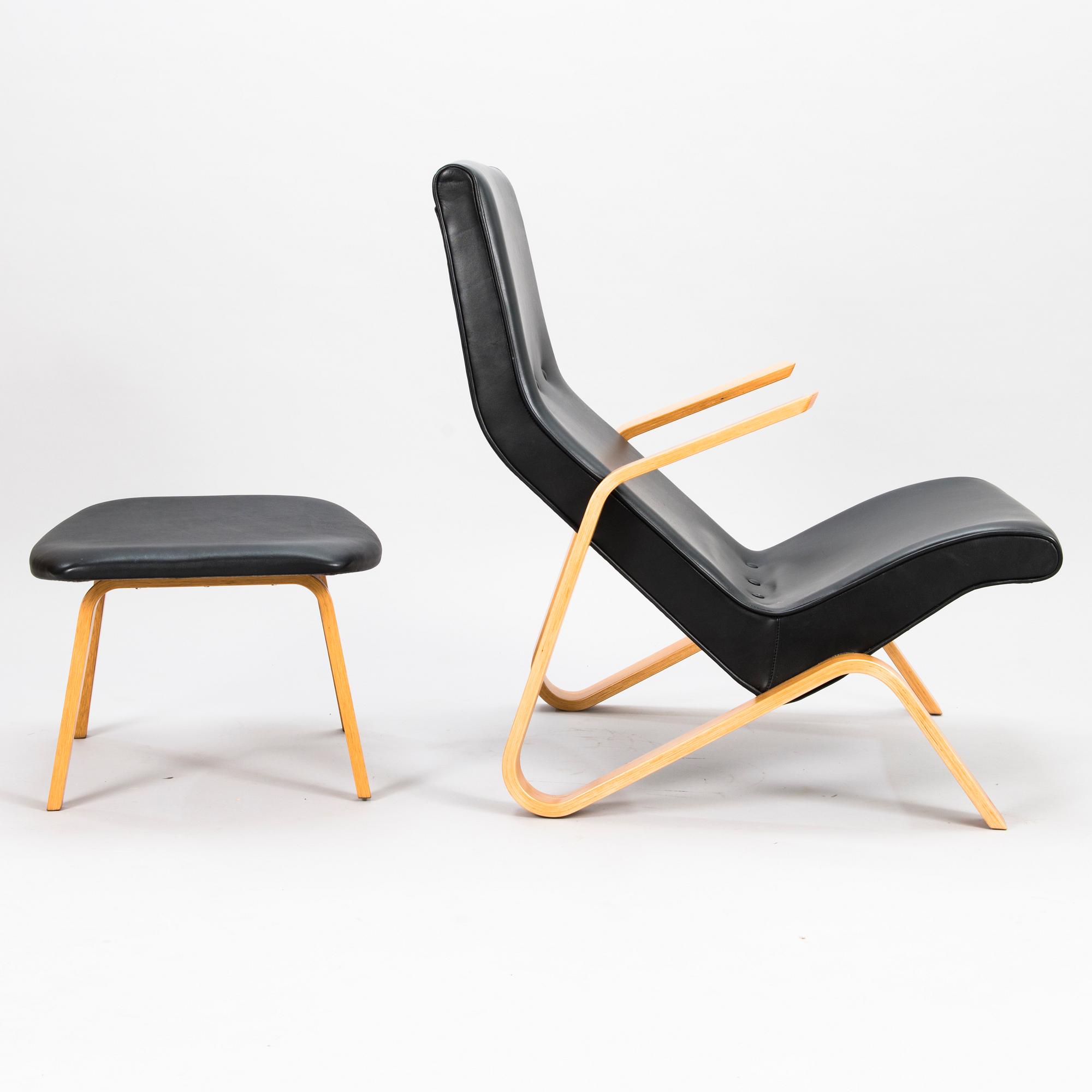 EERO SAARINEN, fåtölj samt fotpall, "Grasshopper", licenstillverkad av Tetrimäki Finland.